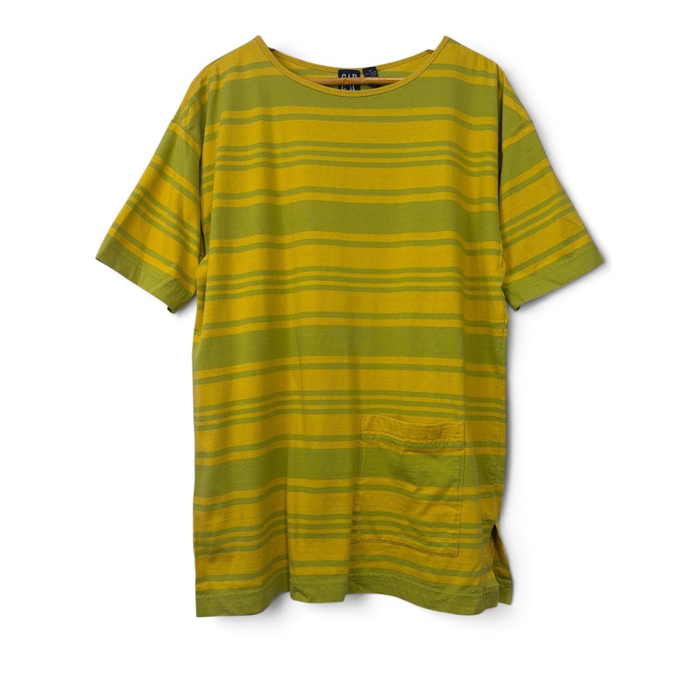 Vintage GAP Striped Tunic Pocket Top Green Yellow Short Sleeve Oversized M